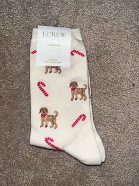 J. Crew Cream Socks with Dog and Candy Cane Pattern